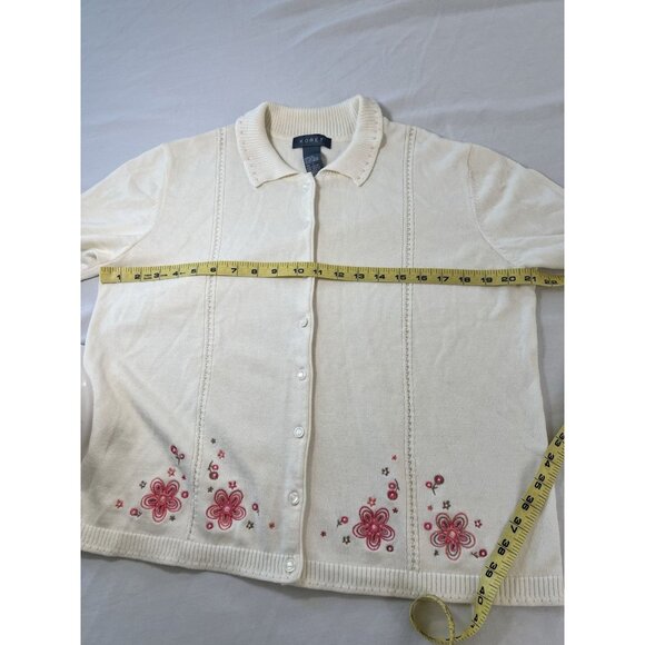 VTG Koret Short Sleeve Cardigan Button Up Pink Beige Embroidered Floral Sz LG - Picture 7 of 8